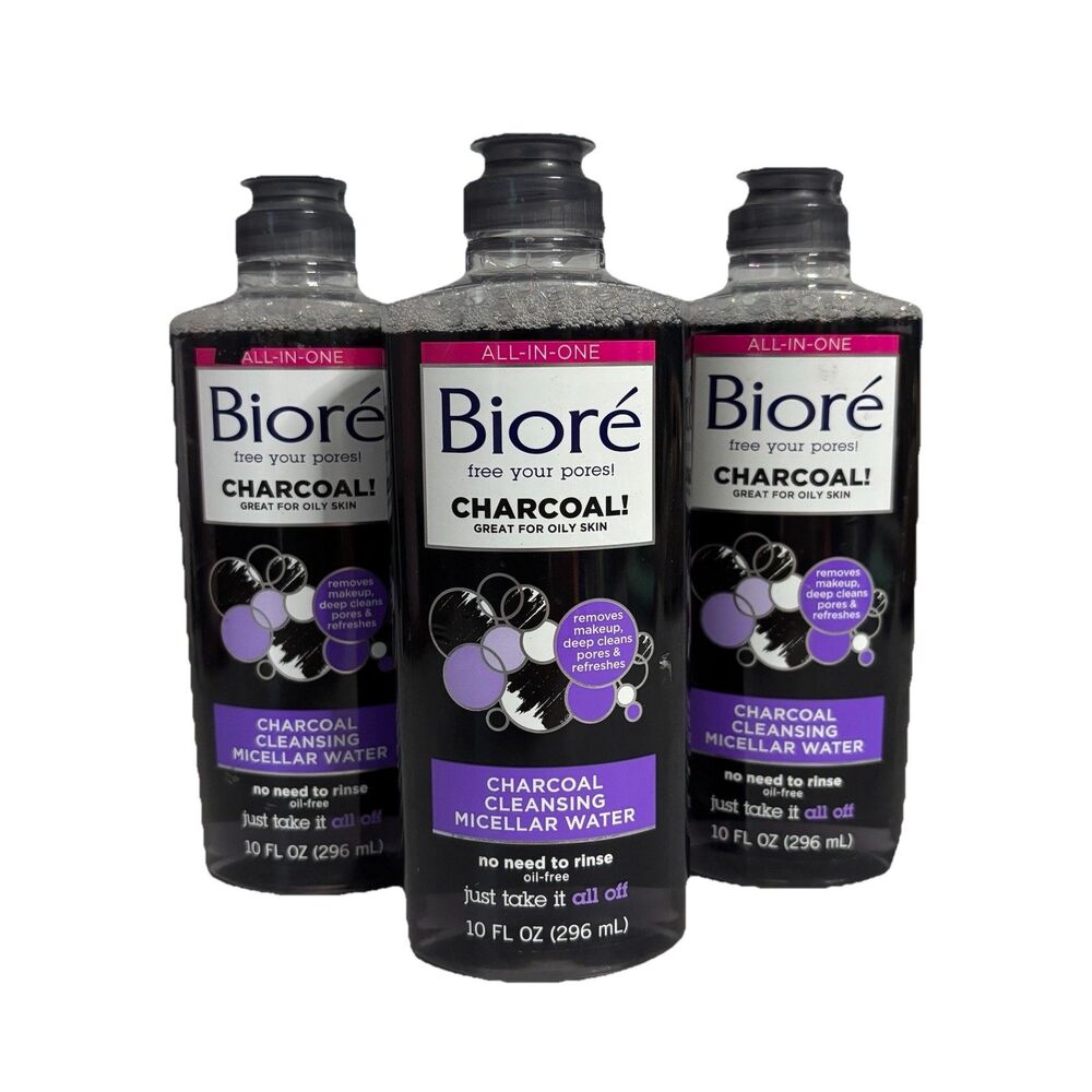 (3) Biore Charcoal Oil Free Cleansing Micellar Water Cleanser Makeup Remover